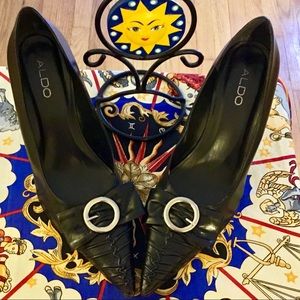 ALDO Black Leather Stiletto Pointy Toe Heels